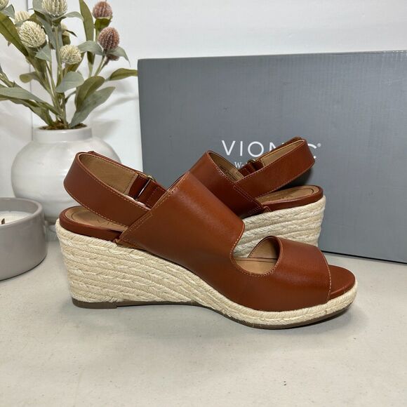 Vionic Tulum Brooke Leather Wedge Espadrille Sandals Cognac Women's US 8 NWB - Picture 8 of 11